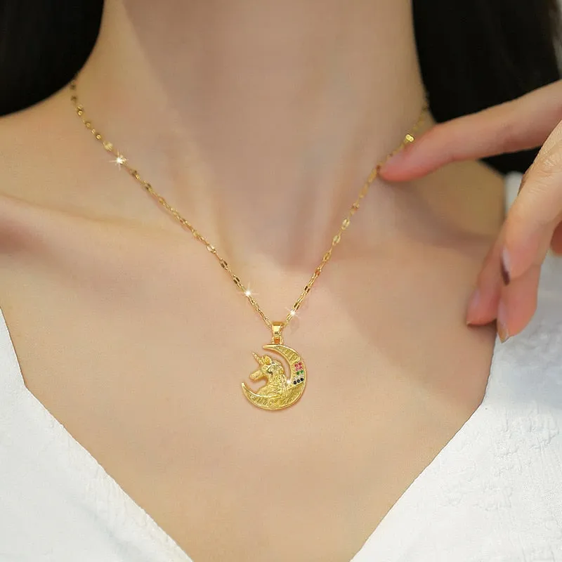 Geometry Moon Pony Pendant Multilayer Chain Choker Necklace For Women