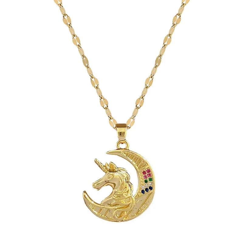 Geometry Moon Pony Pendant Multilayer Chain Choker Necklace For Women