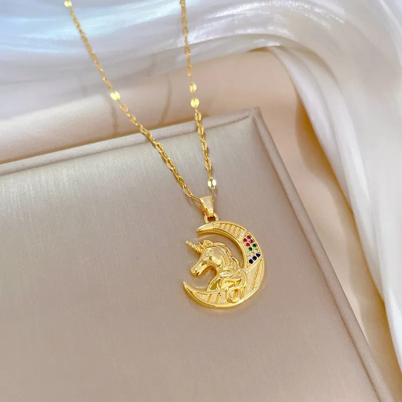 Geometry Moon Pony Pendant Multilayer Chain Choker Necklace For Women