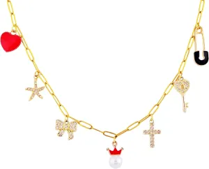 Gold Charm Necklace for Women Chunky Statement Paperclip Stainless Steel 18K Gold Plated Boho Choker Necklace Rhinestone Cross Bow Key Starfish Safety Pin Heart Pearl Charms Pendant Necklace