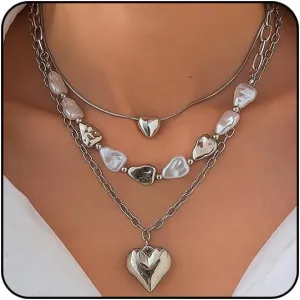 Gold Chunky Necklace for Women Trendy Baroque Pearl Statement Necklaces Big Heart Pendant OT Toggle Necklace Layered Silver Heart Chunky Jewelry