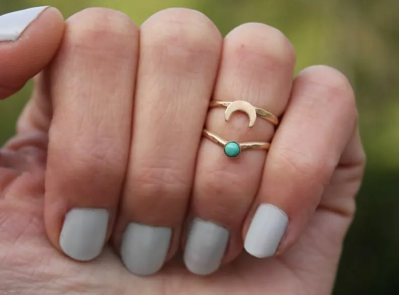 Gold filled moon and gemstone midi ring set, stacking rings - mid finger ring, knuckle ring set, gold rings (2.5)