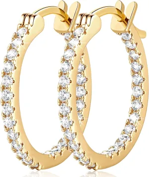 Gold Hoop Earrings 14K Gold Hoop Earrings for Women with Dual-sided Cubic Zirconia Hoops Earring for Women Sensitive Ears Hypoallergenic Womens earring 15/20/30/35mm