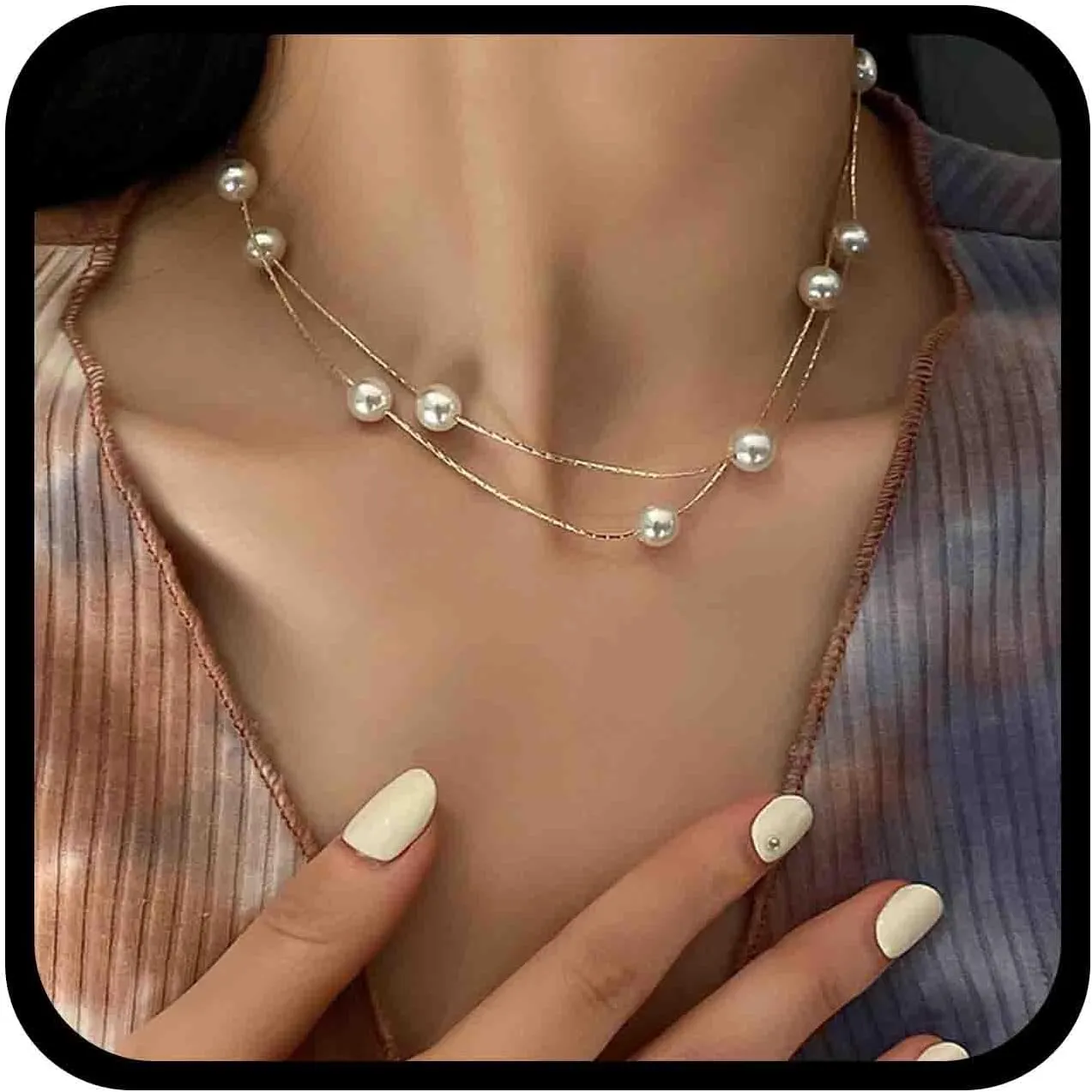 Gold Layered Pearl Chain Necklace Long Pearl Beaded Necklace Wedding Pearl Station Necklace Round Pearl Necklace Chain Jewelry for Women