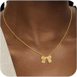 Gold Necklace for Women, Bow Necklace 14K Dainty Gold Necklace Cute Gold Plated Choker Necklace Bow Pendant Gold Chain Necklaces for Women Trendy Jewelry
