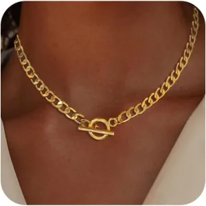 Gold Necklaces for Women Trendy, Dainty Chunky Gold Chain Necklace Cuban Chain Toggle Clasp Gold Necklace 14K Gold Plated Choker Necklace for Women Thick Gold Necklace Fashion Gold Jewelry Gift