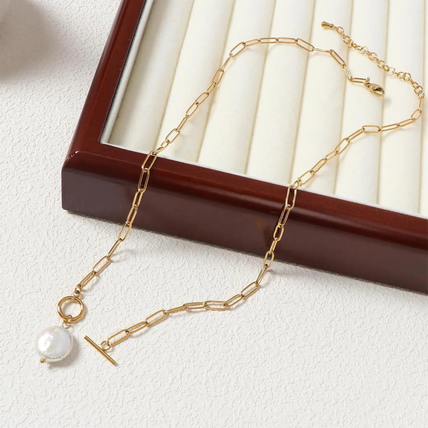 Gold Paperclip Toggle Necklace Pendant for Women Natural Gemstone Pearl Cubic Zirconia Paper Clip Chain Necklace Toggle Paperclip Jewelry Gift for Women