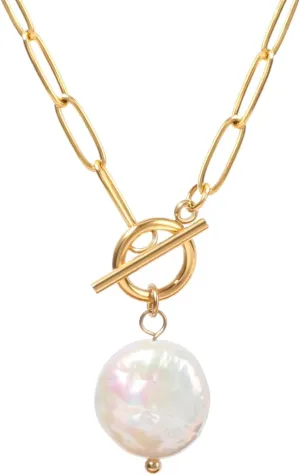 Gold Paperclip Toggle Necklace Pendant for Women Natural Gemstone Pearl Cubic Zirconia Paper Clip Chain Necklace Toggle Paperclip Jewelry Gift for Women