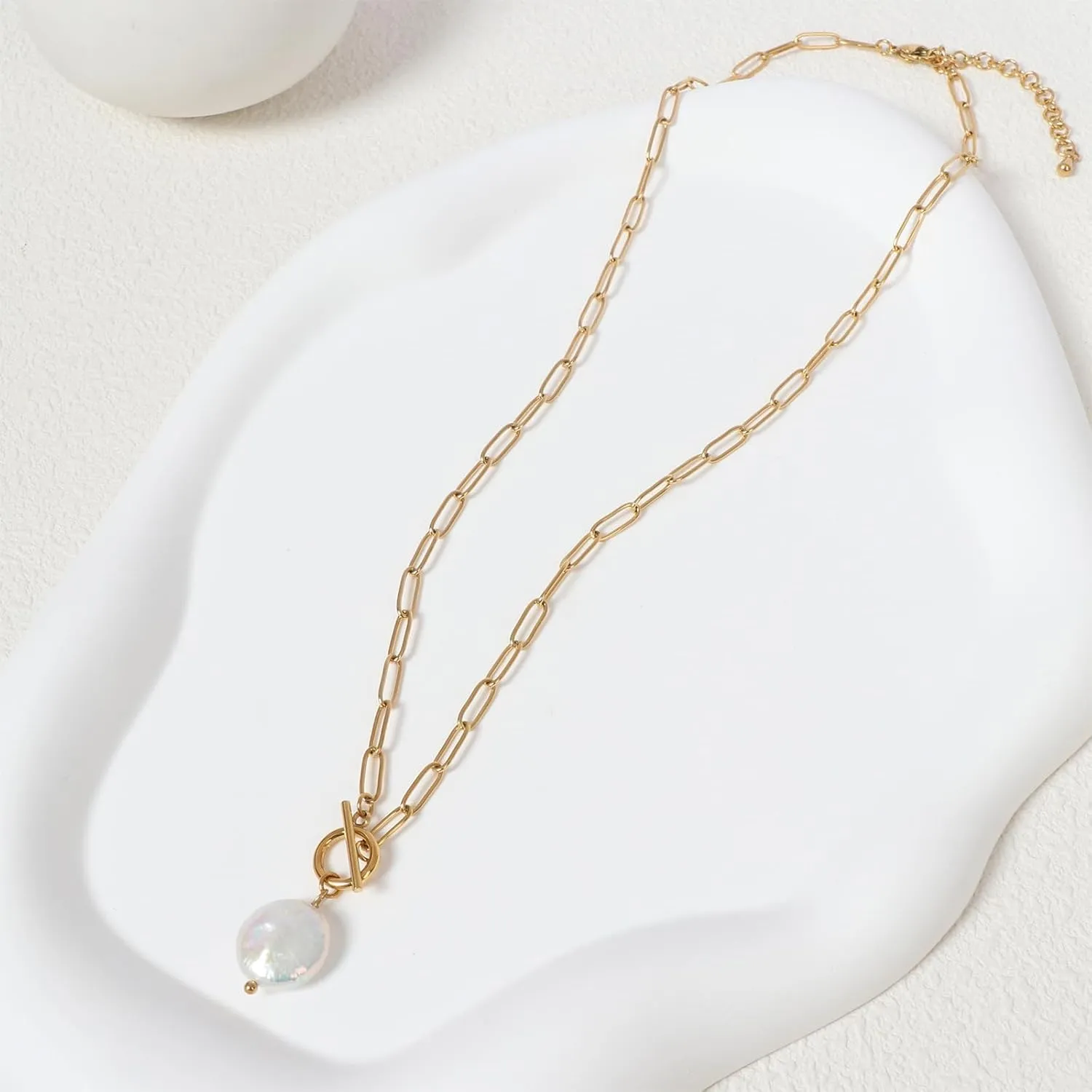 Gold Paperclip Toggle Necklace Pendant for Women Natural Gemstone Pearl Cubic Zirconia Paper Clip Chain Necklace Toggle Paperclip Jewelry Gift for Women