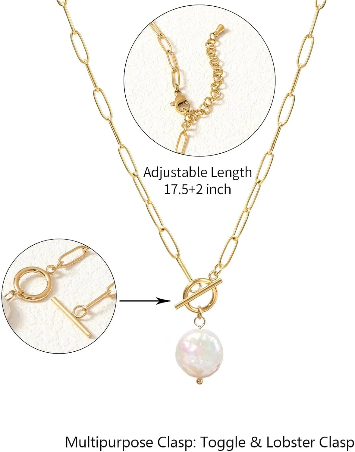 Gold Paperclip Toggle Necklace Pendant for Women Natural Gemstone Pearl Cubic Zirconia Paper Clip Chain Necklace Toggle Paperclip Jewelry Gift for Women
