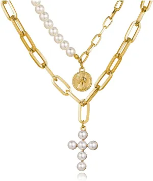 Gold Pearl Cross Necklace for Women Layered Necklace Coin Pendant Necklace Stacked Necklace Birthday Party Jewelry for Women