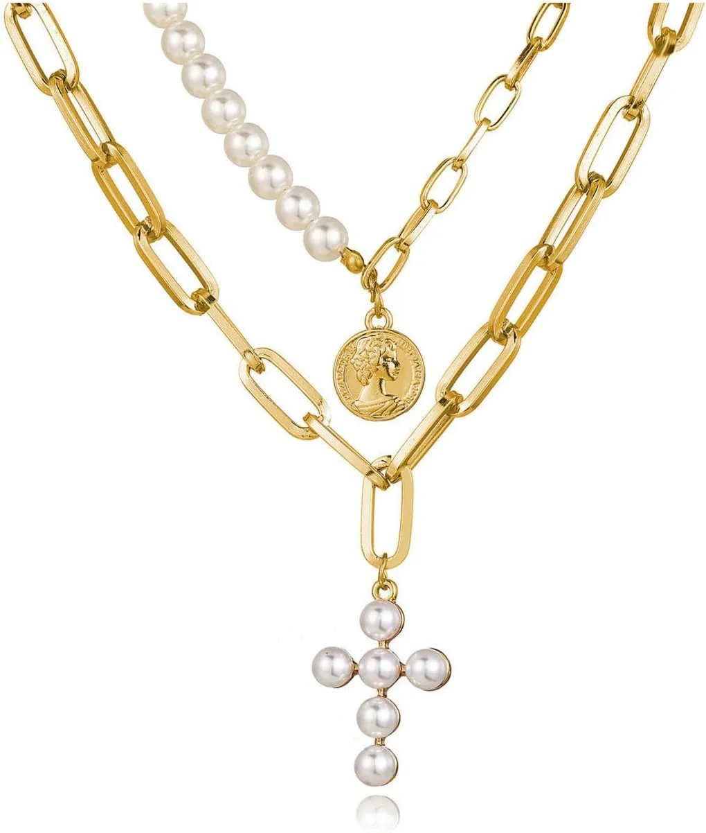Gold Pearl Cross Necklace for Women Layered Necklace Coin Pendant Necklace Stacked Necklace Birthday Party Jewelry for Women