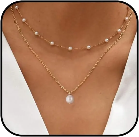 Gold Pearl Necklace for Women Layered Freshwater Pearl Necklace Dainty Heart Choker Necklace Simple Pearl Pendant Necklace Small Pearl Accessories Jewelry