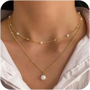 Gold Pearl Necklace for Women,Trendy 14k Gold Plated Layered Pearl Choker Necklace Dainty Simple Pendant Necklace Wedding Gold Jewelry Set for Women Gifts