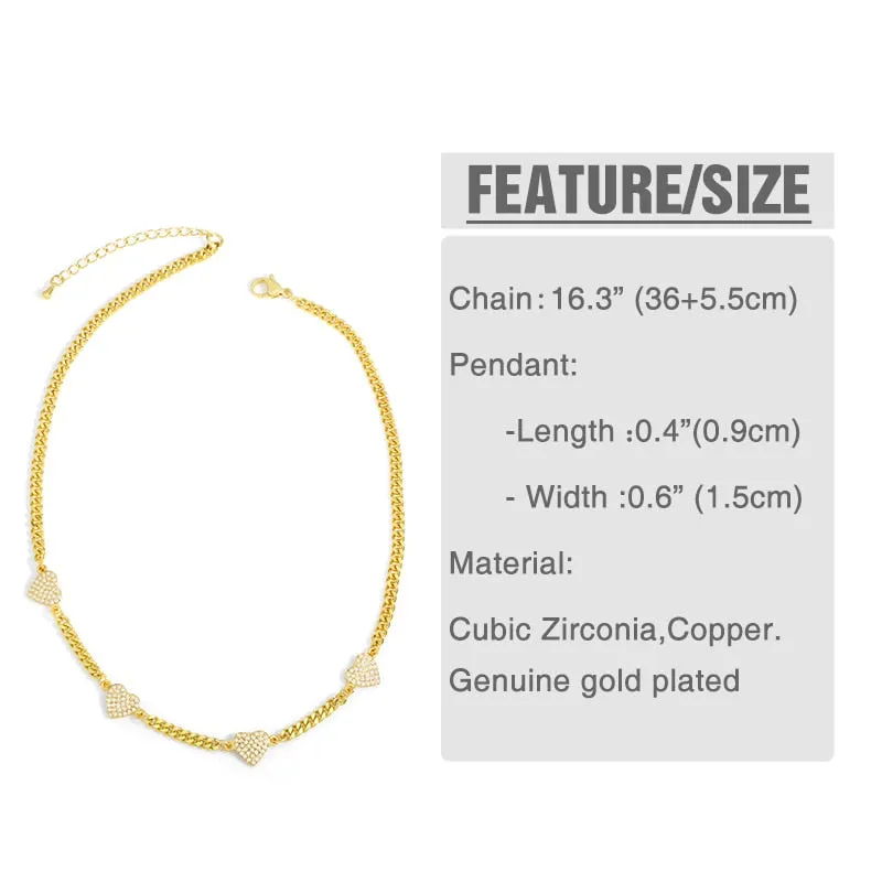 Gold Plated Curb Link Chain Heart Necklace For Women Copper CZ Rhinestone Necklaces
