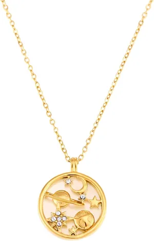 Gold Saturn Necklaces for Women 18K Gold Plated Stainless Steel Moon Star Necklace Dainty Gold Coin with Mother of Pearl Pendant Mothers Day Celestial Jewelry Graduation Gifts