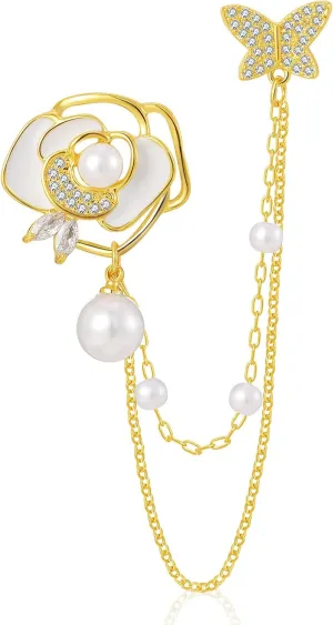 Golden Flower Pearl Brooch Pins for Women Chain Butterfly Cameo Copper Lapel Brooch Pins