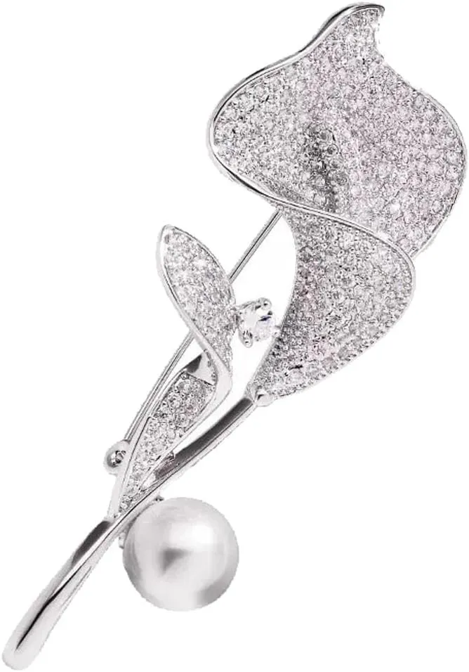 Gold/Silver Calla Lily Crystal Brooches Pins Fashion Beautiful Created Rhinestone Pearl Flower Floral Brooch Good Idea for Party Dance Wedding Banquet for Elegant Women Girl