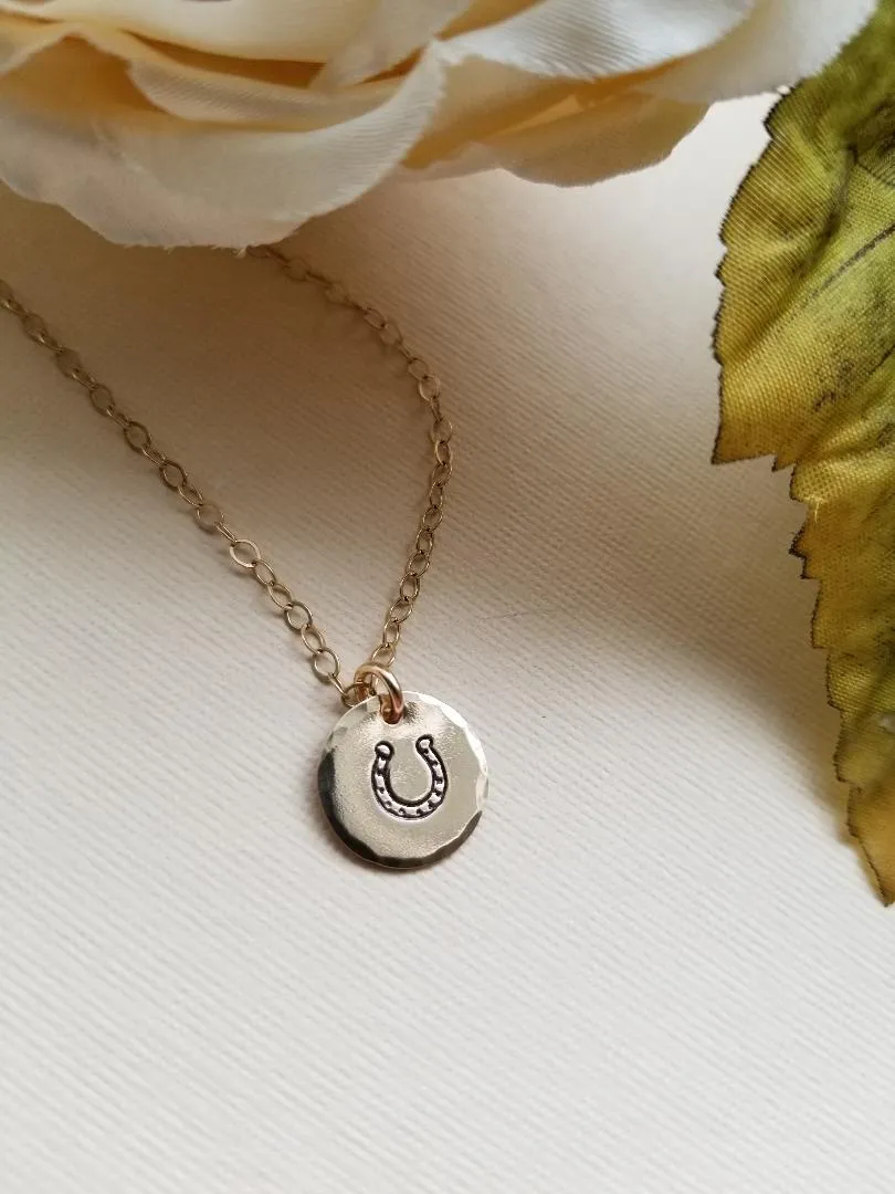 Good Luck Horseshoe Charm Necklace, Dainty Disc Necklace