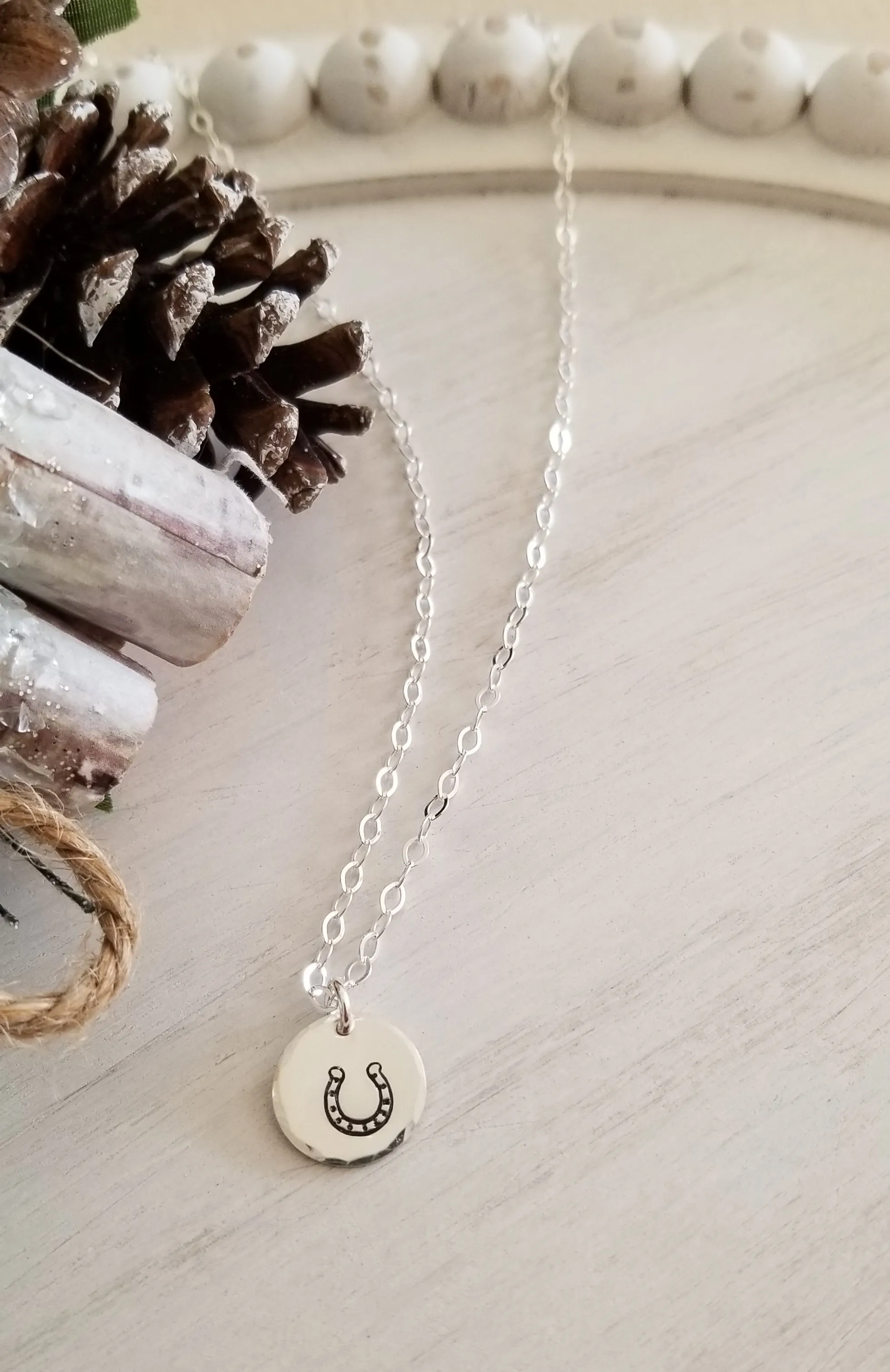 Good Luck Horseshoe Charm Necklace, Dainty Disc Necklace