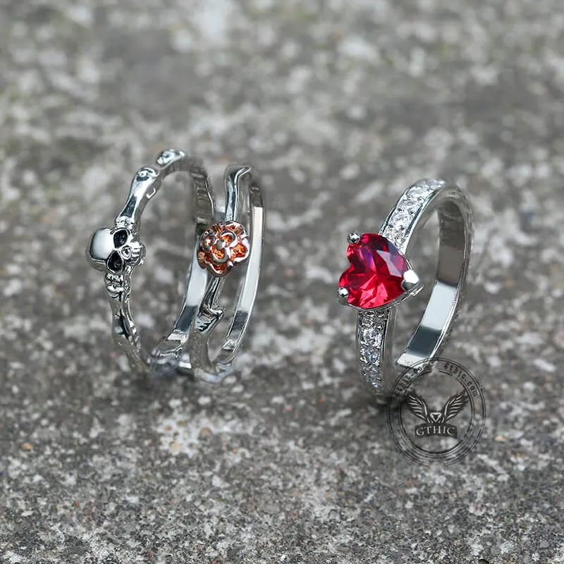 Gothic Heart Zircon Skull Brass Ring