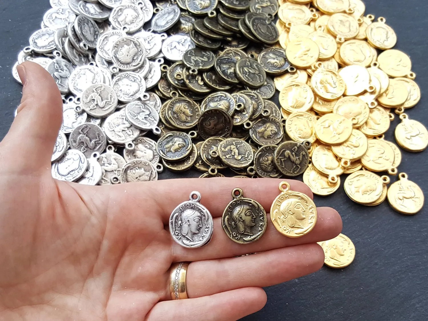 Greek Bronze Coin, Coin Charm, Rustic Coin, Large Coin, Syracuse Didrachm, Coin Pendant, Artemis, Greek Mythology, Antique Bronze Plated 2pc