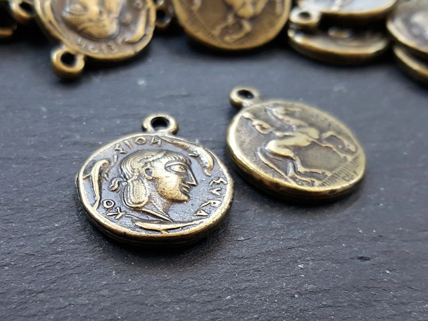 Greek Bronze Coin, Coin Charm, Rustic Coin, Large Coin, Syracuse Didrachm, Coin Pendant, Artemis, Greek Mythology, Antique Bronze Plated 2pc