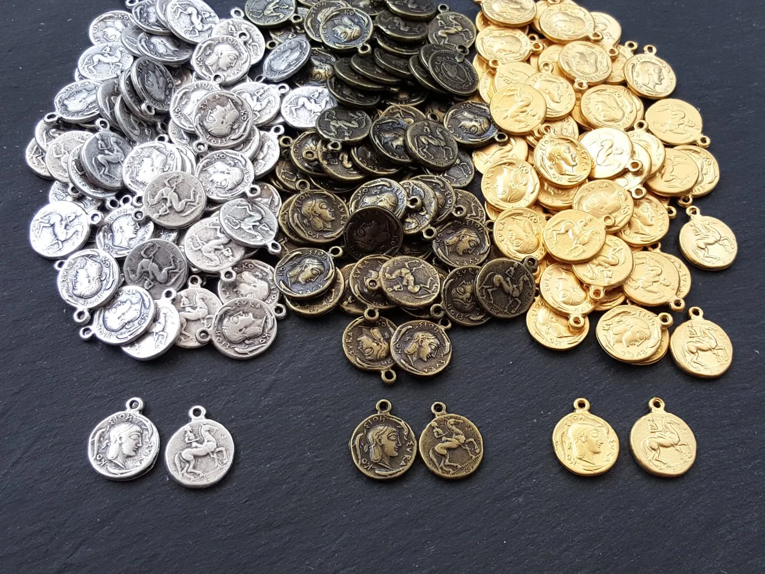Greek Bronze Coin, Coin Charm, Rustic Coin, Large Coin, Syracuse Didrachm, Coin Pendant, Artemis, Greek Mythology, Antique Bronze Plated 2pc