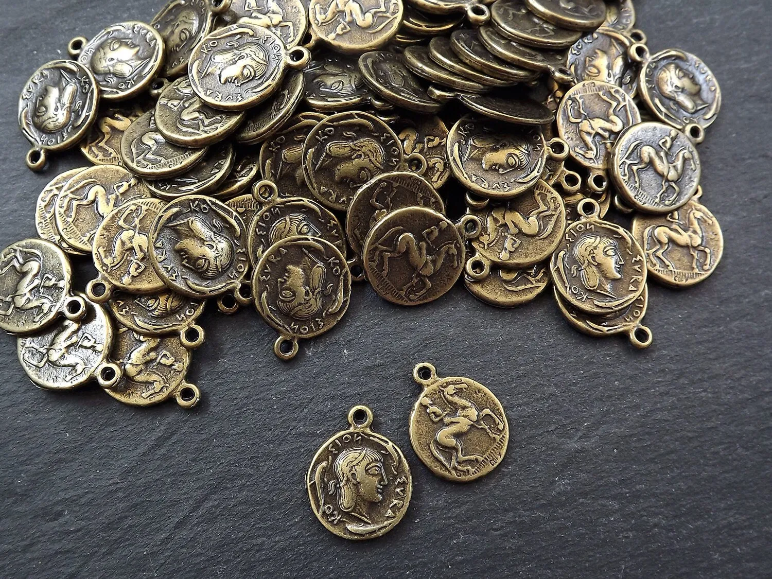 Greek Bronze Coin, Coin Charm, Rustic Coin, Large Coin, Syracuse Didrachm, Coin Pendant, Artemis, Greek Mythology, Antique Bronze Plated 2pc