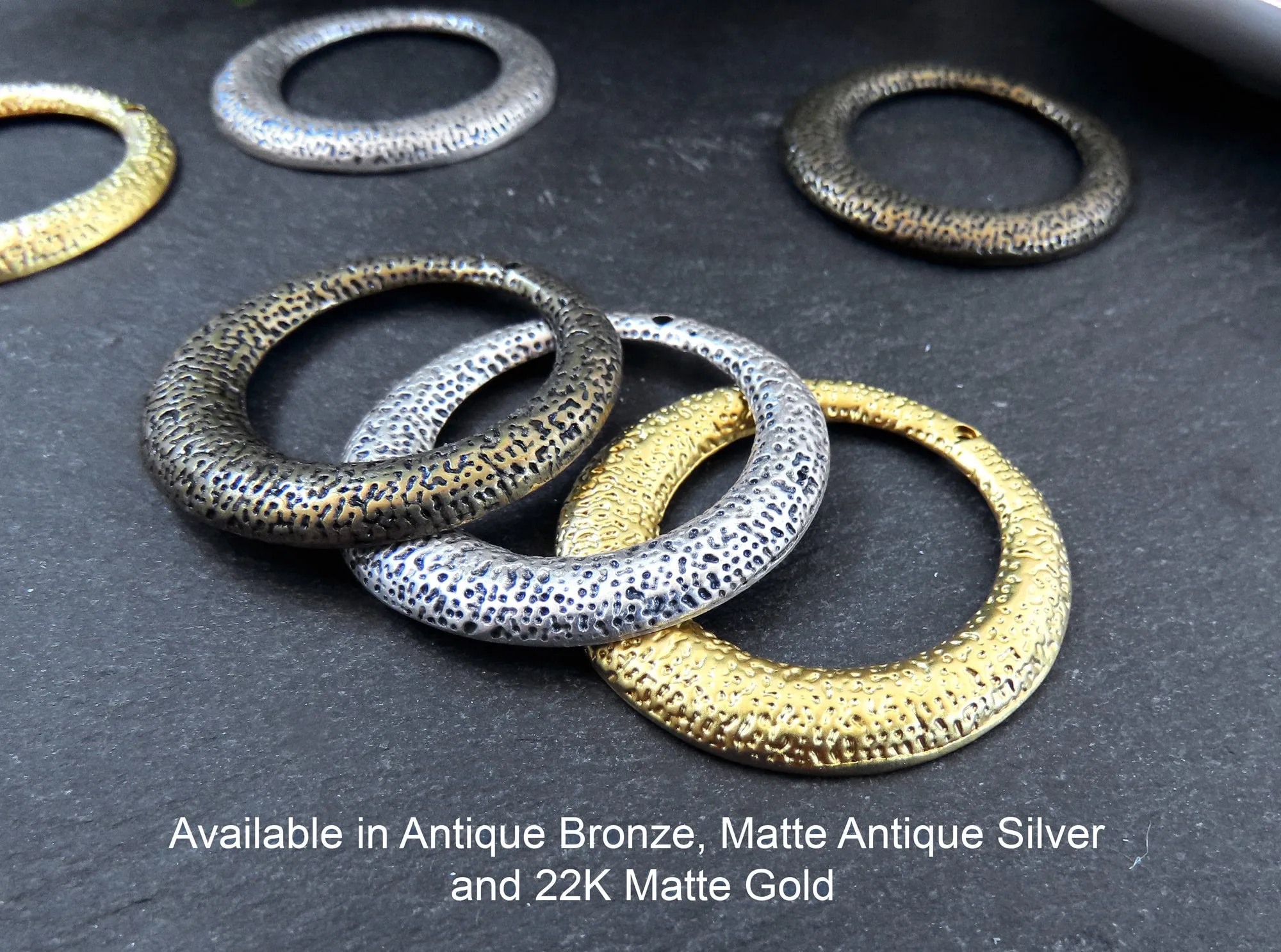 Hammered Hoops Pendants, Circle Components for Earrings, Round Necklace Pendant, Rustic Dotted Hammered, Matte Antique Silver Plated 2pc