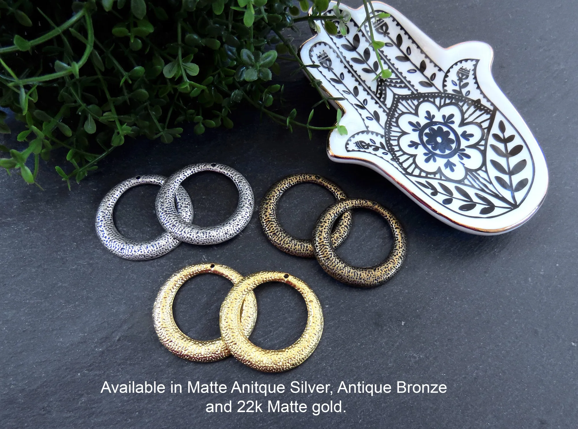 Hammered Hoops Pendants, Circle Components for Earrings, Round Necklace Pendant, Rustic Dotted Hammered, Matte Antique Silver Plated 2pc