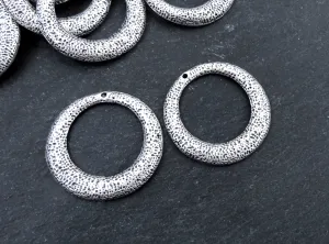 Hammered Hoops Pendants, Circle Components for Earrings, Round Necklace Pendant, Rustic Dotted Hammered, Matte Antique Silver Plated 2pc