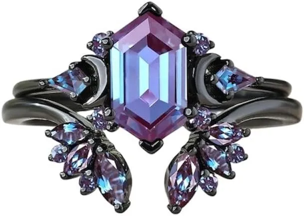 Hexagon Shape Alexandrite Natural Gemstone Ring, Black Gold Moon Design Alexandrite 2pcs Bridal 925 Sterling Silver Ring For Her