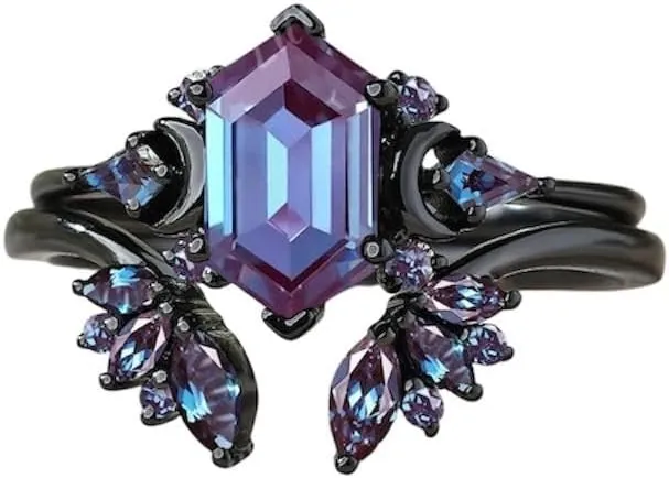 Hexagon Shape Alexandrite Natural Gemstone Ring, Black Gold Moon Design Alexandrite 2pcs Bridal 925 Sterling Silver Ring For Her