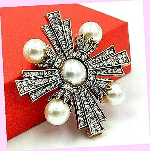 High Style Gold & Pearl Maltese Cross Clear Rhinestone Vintage Inspired Brooch Rhinestone Brooch Pin for Women