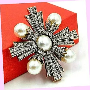 High Style Gold & Pearl Maltese Cross Clear Rhinestone Vintage Inspired Brooch Rhinestone Brooch Pin for Women