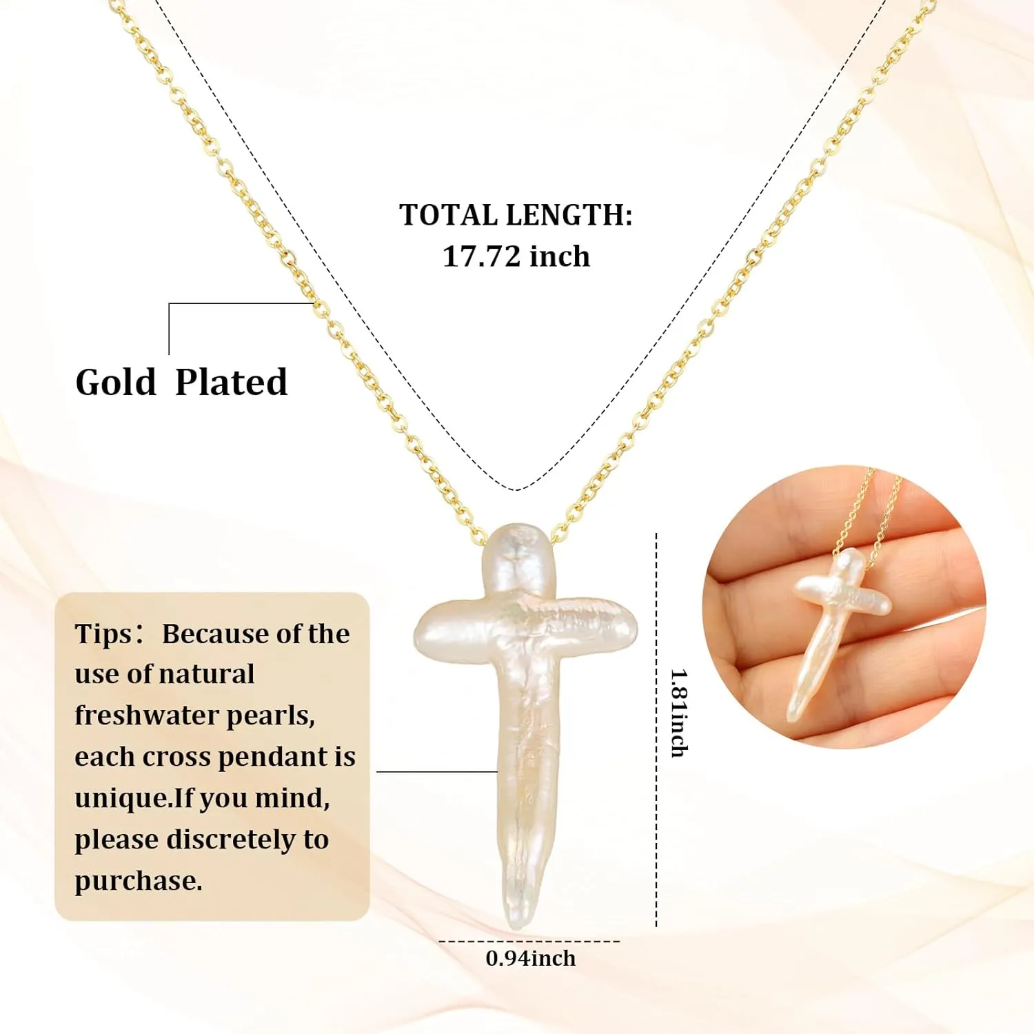 Highergo 2 Pcs Nature Pearl Cross Necklace for Women Big Chunky Pearl Cross Necklace Nature Freshwater