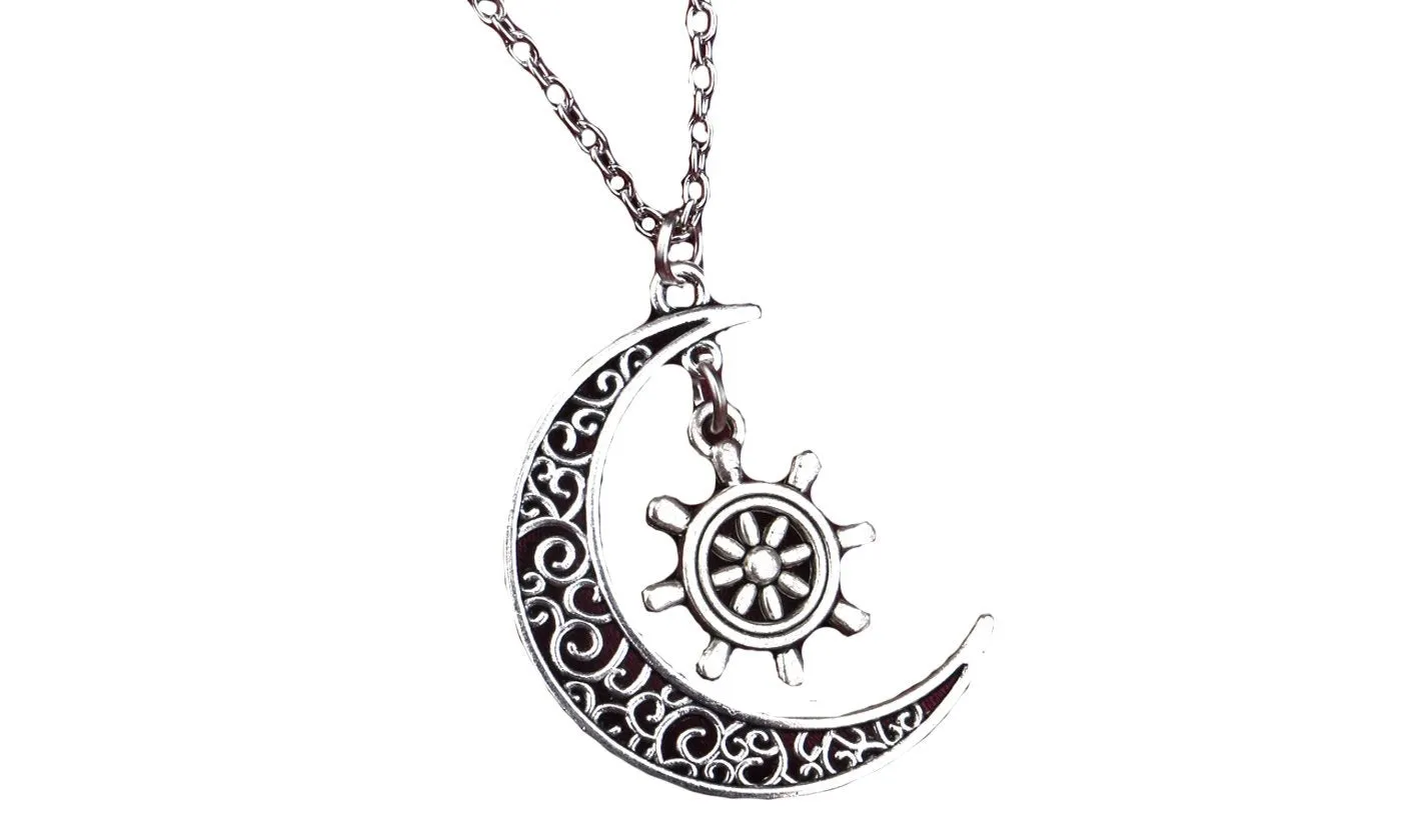Hollow Flower Moon Boat Rudder Silver Plated Pendant Necklace
