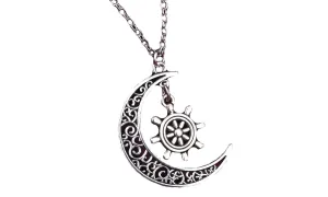 Hollow Flower Moon Boat Rudder Silver Plated Pendant Necklace