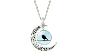 Hollow Out Moon Shaped Glass Cabochon Bird Pattern Pendant Necklace