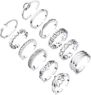 Honsny 12PCS 14K Gold/Silver Plated Toe Rings for Women Adjustable Band Rings Open Flower CZ Toe Ring Set Beach Foot Jewelry
