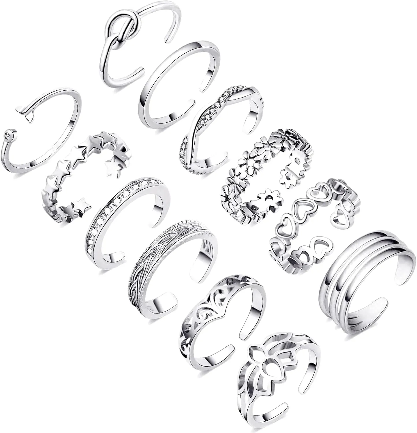 Honsny 12PCS 14K Gold/Silver Plated Toe Rings for Women Adjustable Band Rings Open Flower CZ Toe Ring Set Beach Foot Jewelry