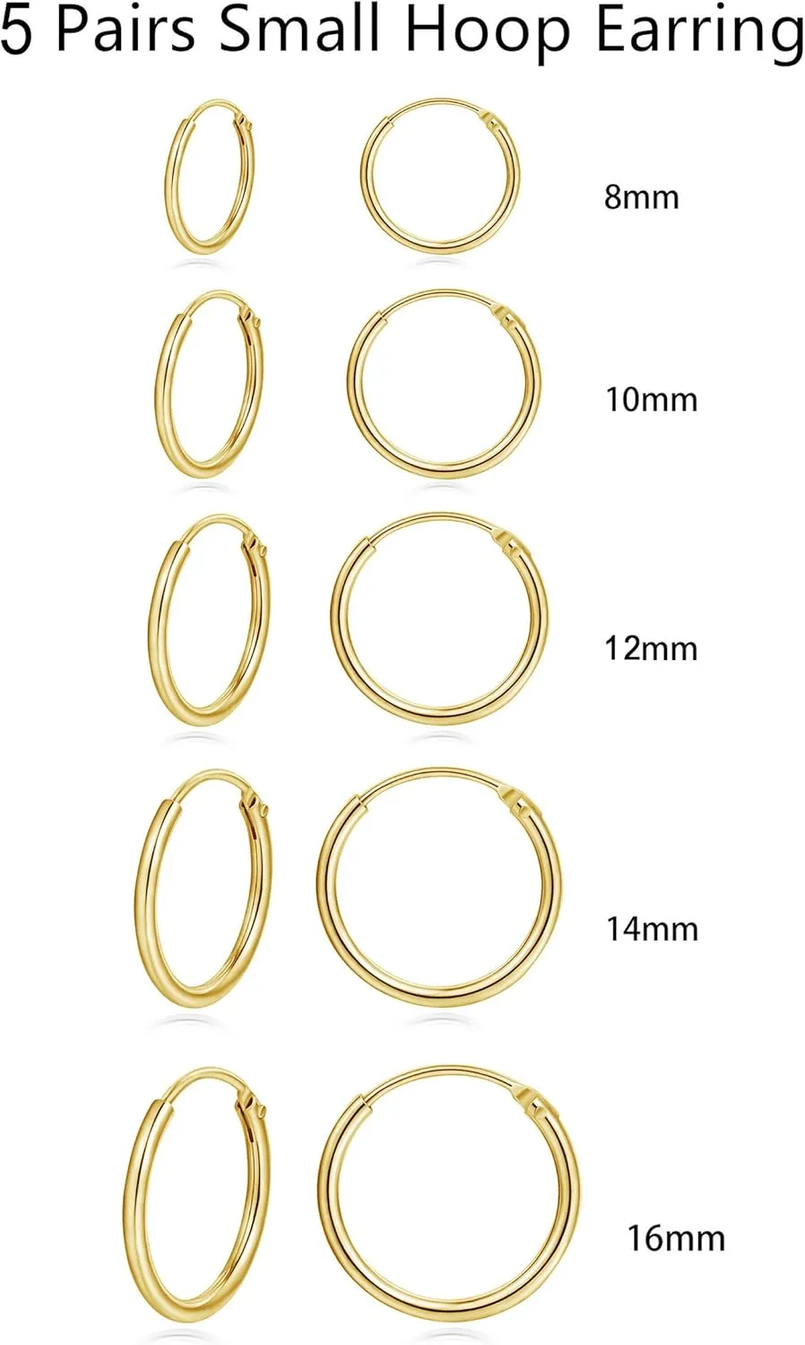 Hoop Earring 14K White Gold Plated S925 Sterling Silver Endless Small Hoop Earring Set for Cartilage Nose Lip Rings 8mm-16mm