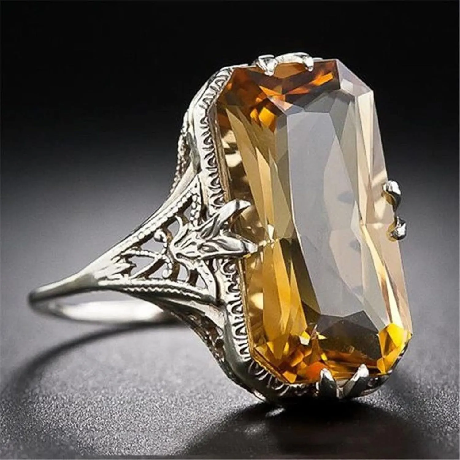 Htayekog 925 Sterling Silver Hollow Rings Shiny Big Square Citrine Ring 3Ct Zirconia Promise Ring Citrine Carved Rings CZ Yellow Gem Cocktail Rings Eternity Engagement Wedding Band Ring for Women (9)