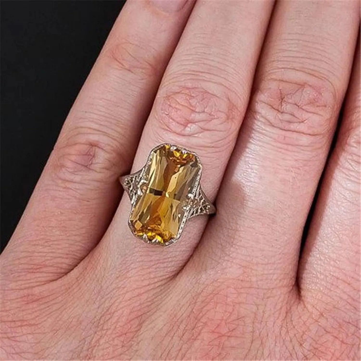 Htayekog 925 Sterling Silver Hollow Rings Shiny Big Square Citrine Ring 3Ct Zirconia Promise Ring Citrine Carved Rings CZ Yellow Gem Cocktail Rings Eternity Engagement Wedding Band Ring for Women (9)