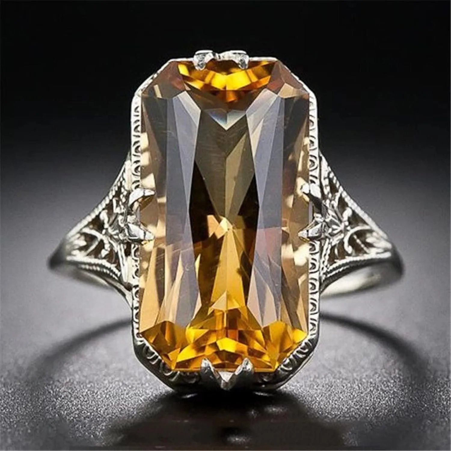 Htayekog 925 Sterling Silver Hollow Rings Shiny Big Square Citrine Ring 3Ct Zirconia Promise Ring Citrine Carved Rings CZ Yellow Gem Cocktail Rings Eternity Engagement Wedding Band Ring for Women (9)
