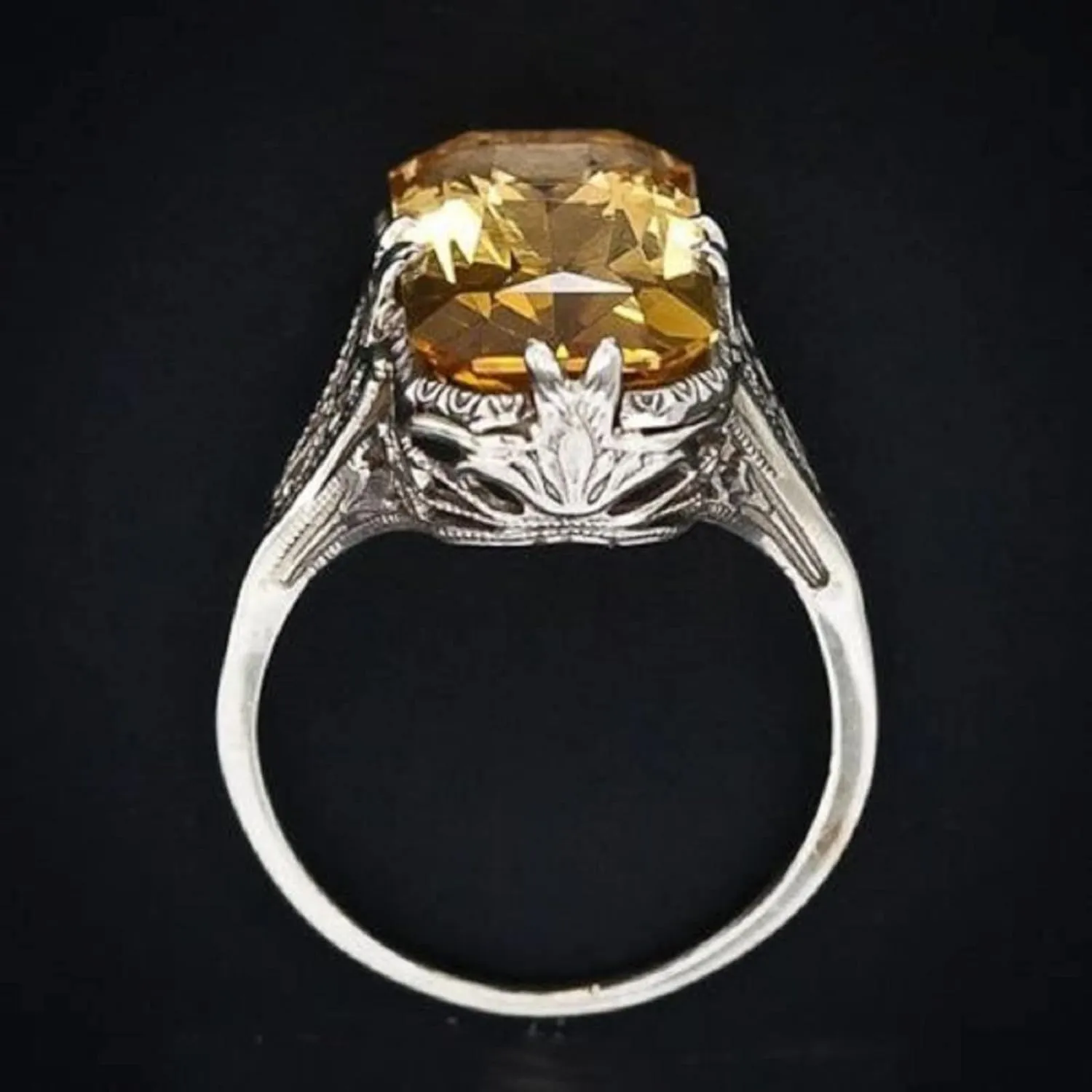 Htayekog 925 Sterling Silver Hollow Rings Shiny Big Square Citrine Ring 3Ct Zirconia Promise Ring Citrine Carved Rings CZ Yellow Gem Cocktail Rings Eternity Engagement Wedding Band Ring for Women (9)