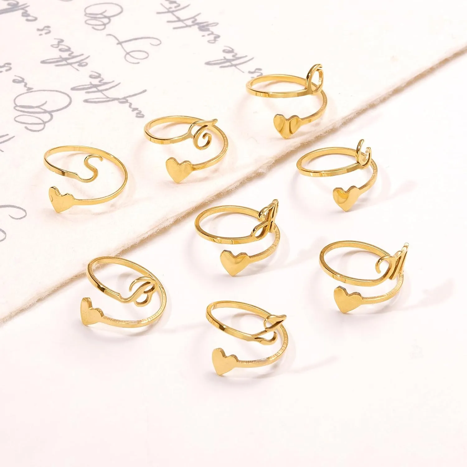 HUASAI Gold Initial Rings for Women Non Tarnish 14K Gold Plated Heart Ring Gold Letter Stackable Rings Open Adjustable Alphabet Rings Jewelry Gift