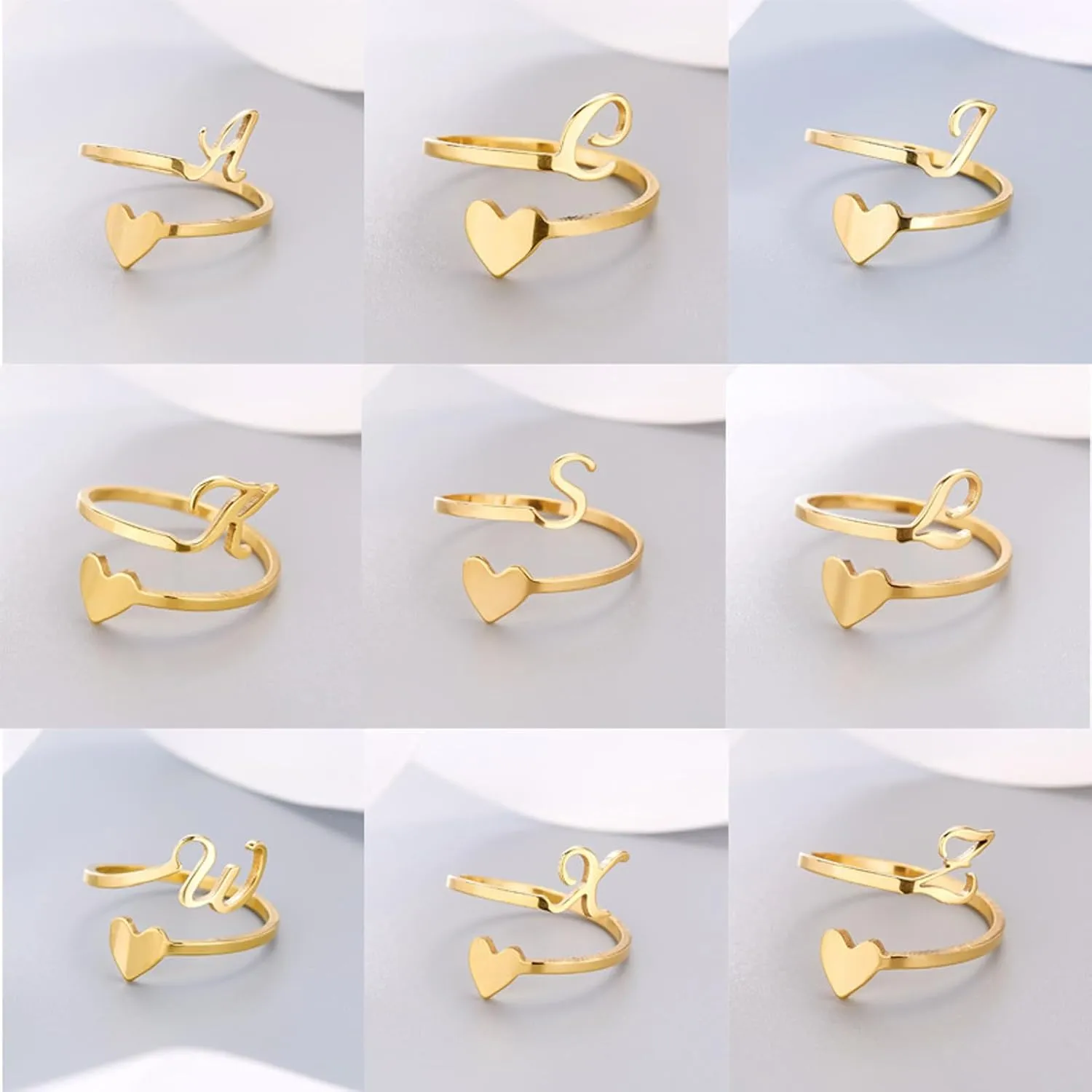 HUASAI Gold Initial Rings for Women Non Tarnish 14K Gold Plated Heart Ring Gold Letter Stackable Rings Open Adjustable Alphabet Rings Jewelry Gift