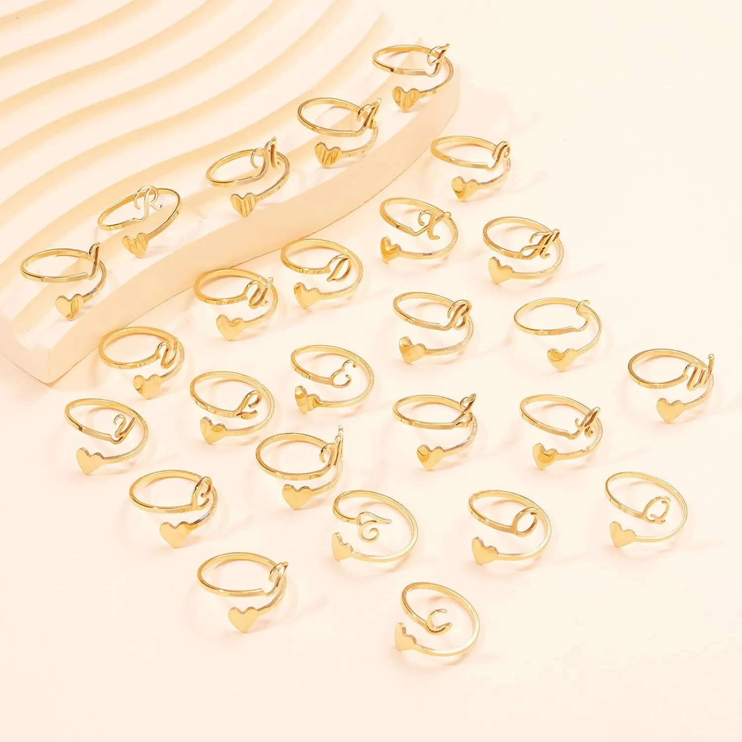 HUASAI Gold Initial Rings for Women Non Tarnish 14K Gold Plated Heart Ring Gold Letter Stackable Rings Open Adjustable Alphabet Rings Jewelry Gift